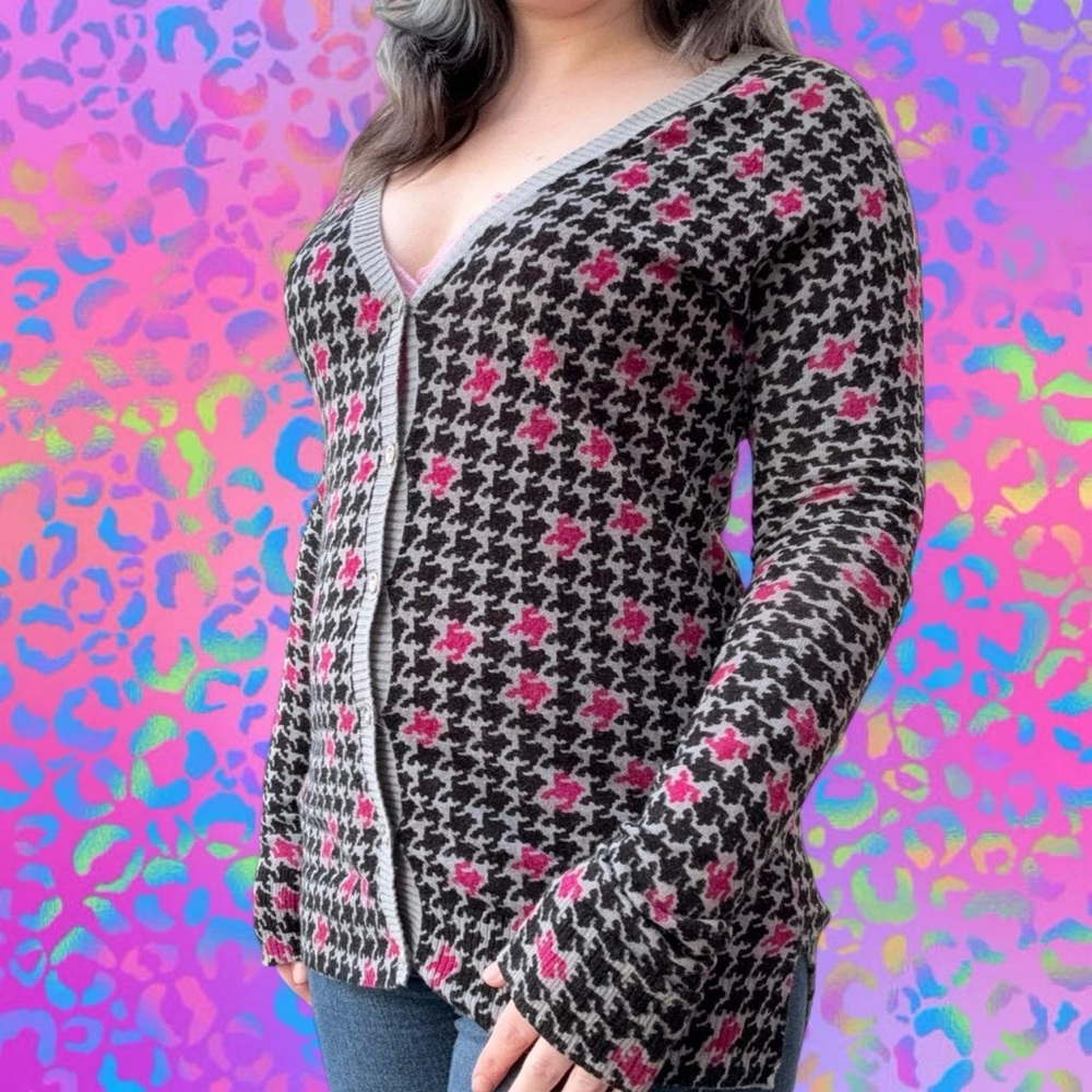 vtg y2k mudd scene queen grunge punk houndstooth knit button up cardigan, sz md